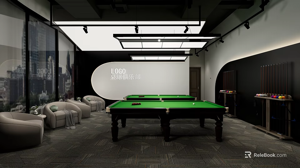 Modern Billiard Room Interior Design With Green Table Sofas And Logo Wall Lighting 3d model 