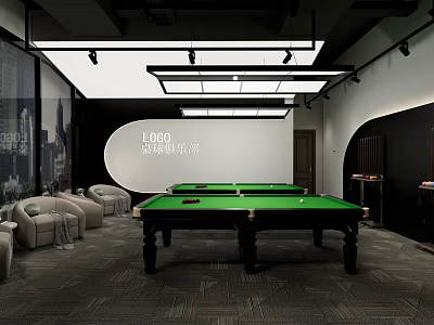 Modern Billiard Room Interior Design With Green Table Sofas And Logo Wall Lighting 3d model