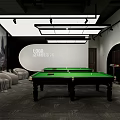 Modern Billiard Room Interior Design With Green Table Sofas And Logo Wall Lighting 3d model