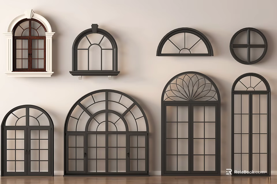 Various Arch Window Designs With Decorative Glass And Black Frames 3d model 