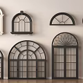 Various Arch Window Designs With Decorative Glass And Black Frames 3d model