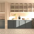 Modern Open Kitchen Featuring Light Arched Glass Door Upper Cabinets And Dark Lower Cabinets