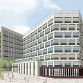 Modern Office Building Complex With Glass Curtain Wall Greenery And Street Vehicles