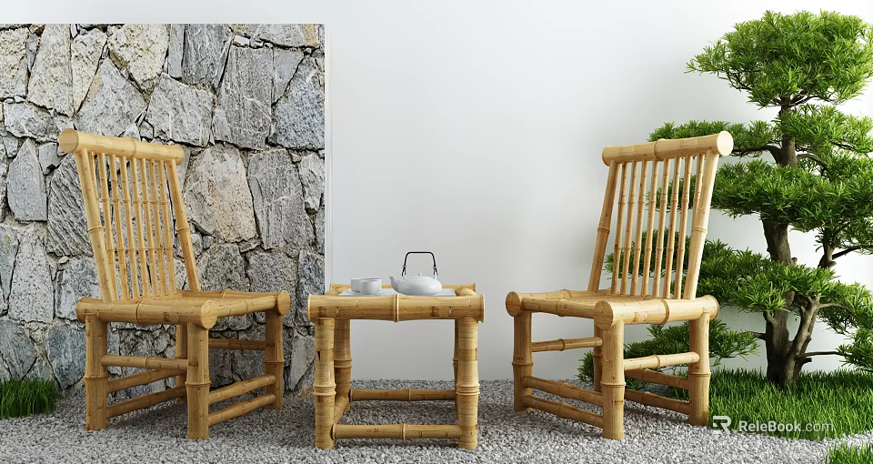 Natural Bamboo Table And Chairs Set With Stone Wall And Green Plant 3d model 