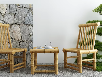 Natural Bamboo Table And Chairs Set With Stone Wall And Green Plant 3d model
