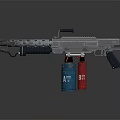 Tactical Military Weapon With Metallic Structure Multiple Holes Black Grip And Blue Red Tanks