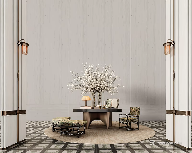 Elegant Entryway Console Table With Light Paneled Walls Wall Sconces Table Lamp And White Blossoms 3d model