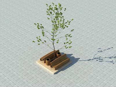 Young Green Arbor Planted in Wooden Planter on Gray Square Tiles with Cylindrical Supports 3d model