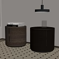 Modern Round Bedside Tables With Drawers Books Glass And Hanging Lamp On Geometric Carpet