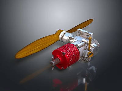Vintage Mechanical Device With Wooden Propeller And Red Metal Components 3d model