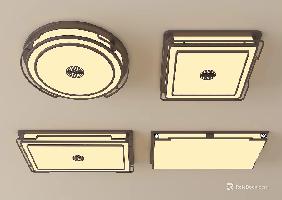 Modern Minimalist Ceiling Lights with Circular and Square Designs White Surface and Dark Brown Frames 3d model