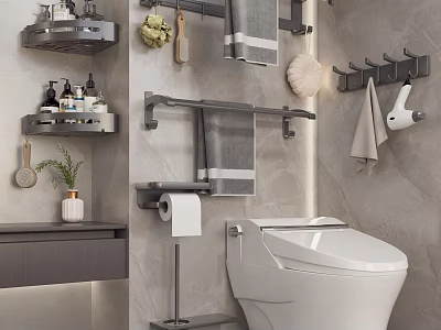 Modern Bathroom Accessories With Towel Racks Shelves Hook Racks And Toilet Paper Holder 3d model