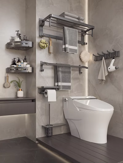 Modern Bathroom Accessories With Towel Racks Shelves Hook Racks And Toilet Paper Holder 3d model