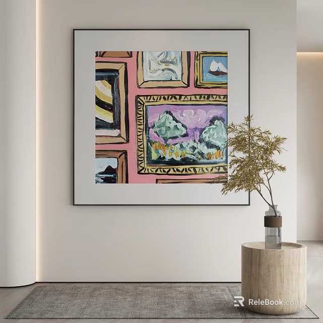 Abstract Painting With Multiple Frames Colorful Patterns On Wall Decorative Plant And Vase 3d model