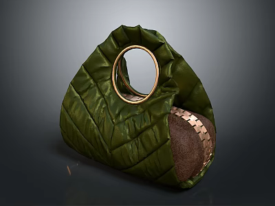 Green Quilted Handbag With Gold Circular Handle And Brown Metal Rivet Panel 3d model