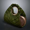 Green Quilted Handbag With Gold Circular Handle And Brown Metal Rivet Panel