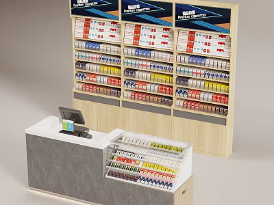 Retail Display Shelves With Various Colored Products And Cashier Counter Setup 3d model