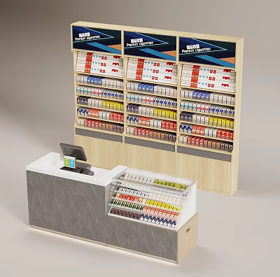 Retail Display Shelves With Various Colored Products And Cashier Counter Setup 3d model