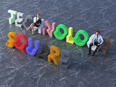 Vibrant Technology Square 3D Letters With People Sitting On Colorful Structure 3d model