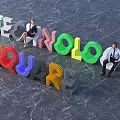 Vibrant Technology Square 3D Letters With People Sitting On Colorful Structure