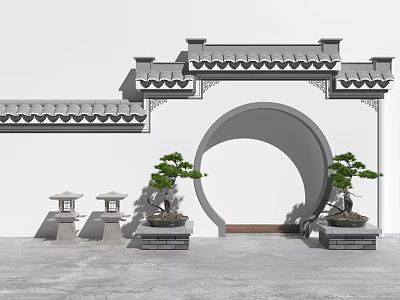 Traditional Chinese Moon Gate with Tiled Roof Stone Lanterns and Potted Pine Trees 3d model