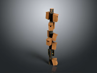 Vertical Stack Of Assorted Wooden Boxes On Decorative Pole Structure Design 3d model