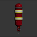 Red Fire Hydrant With Yellow And White Stripes Bottom Valves And Wheels 3d model
