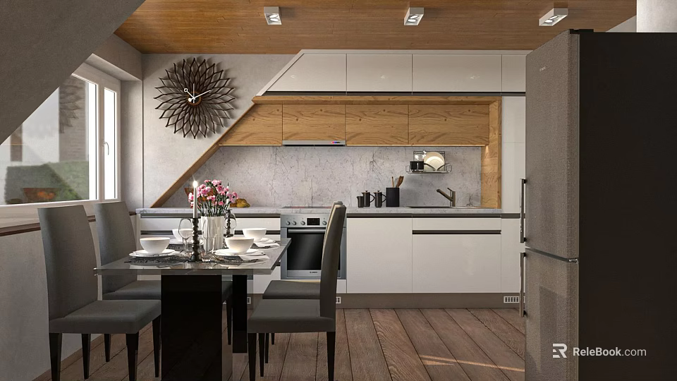 Modern Kitchen Bar Area With Wooden And White Cabinets Island Dining Table And Clock 3d model 