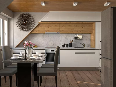 Modern Kitchen Bar Area With Wooden And White Cabinets Island Dining Table And Clock 3d model