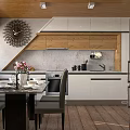 Modern Kitchen Bar Area With Wooden And White Cabinets Island Dining Table And Clock