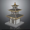 Traditional Multi Tiered Tower Architecture With Golden Decorations Gray Roof And White Base
