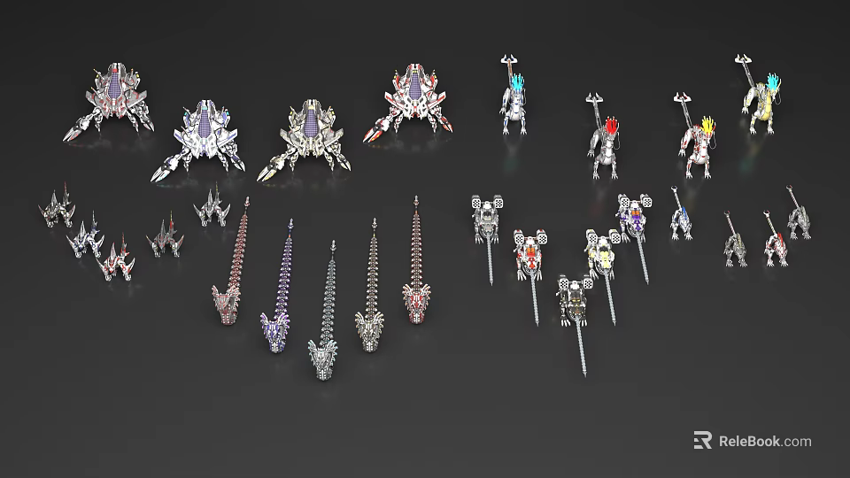 Reptile Mechanical Style Metal Models With Various Colorful Designs On Black Background 3d model 