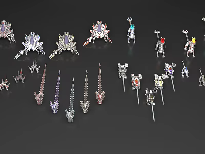 Reptile Mechanical Style Metal Models With Various Colorful Designs On Black Background 3d model