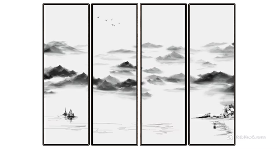 Traditional Chinese Ink Painting Screen with Mountains Water Boat and Flying Birds 3d model 