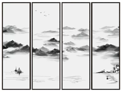 Traditional Chinese Ink Painting Screen with Mountains Water Boat and Flying Birds 3d model