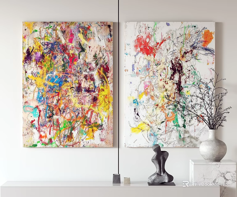 Colorful Abstract Paintings Hanging On Wall With Vase And Sculpture Decor 3d model 