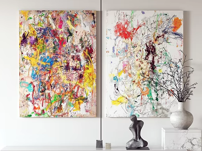Colorful Abstract Paintings Hanging On Wall With Vase And Sculpture Decor 3d model