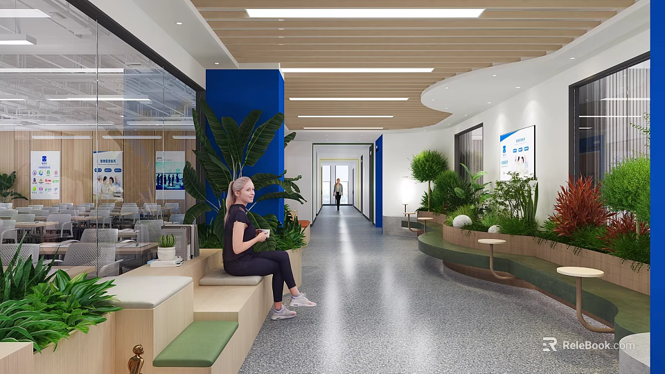 Modern Office Corridor With Blue Accents Green Plants And Seating Areas 3d model 