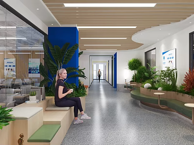 Modern Office Corridor With Blue Accents Green Plants And Seating Areas 3d model