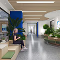 Modern Office Corridor With Blue Accents Green Plants And Seating Areas