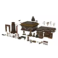 Traditional Chinese Architectural Decorative Elements With Palace Structures Stone Lions Archways Columns And Statues