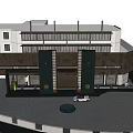 Modern Hotel Building Exterior With Traditional Lion Statue And Entrance Lantern