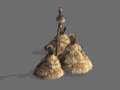 Traditional Handmade Hay Brooms Set of Three with Natural Bristles for Home Cleaning 3d model