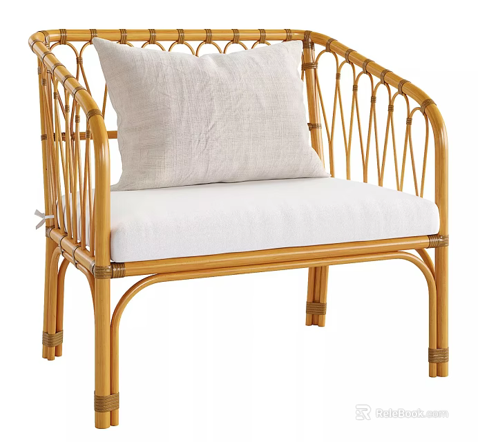 Natural Rattan Single Chair With White Linen Pillow And Soft Cushion 3d model 