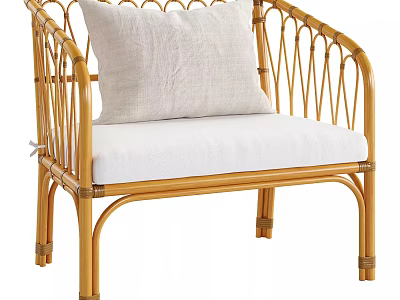 Natural Rattan Single Chair With White Linen Pillow And Soft Cushion 3d model