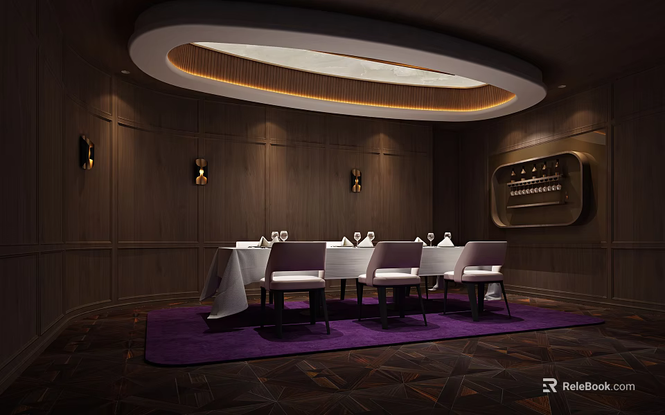 Luxurious Private Dining Room Interior With Wooden Paneling Round Ceiling Light And Purple Rug 3d model 