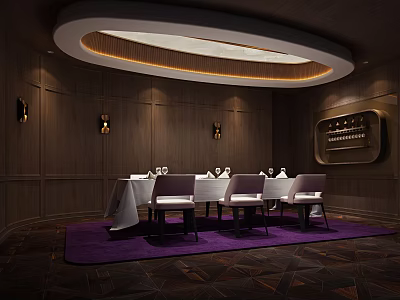Luxurious Private Dining Room Interior With Wooden Paneling Round Ceiling Light And Purple Rug 3d model