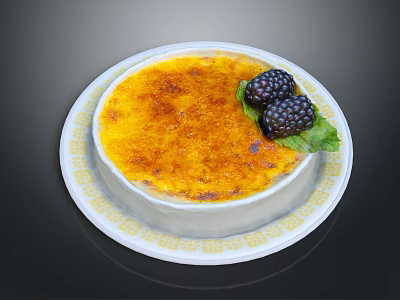 Creamy Creme Brulee With Caramelized Top Blackberries And Mint Leaf On Patterned Plate 3d model