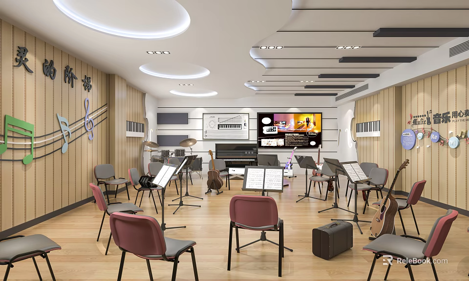 Book Art Music Classroom With Chairs Music Stands Guitars Piano And Wall Decorations 3d model 