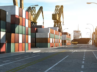Port Scenery With Colorful Containers Tower Cranes And Paved Road 3d model